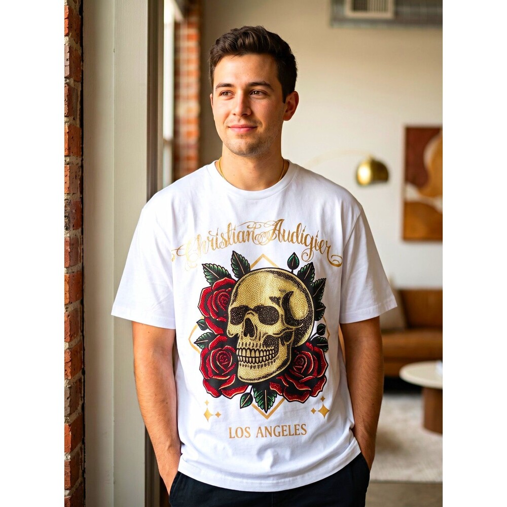 Christian Audigier Skull Rose Graphic Rhinestone T-Shirt Men's M White